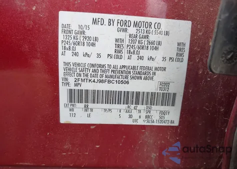 2015 Ford Edge Sel из США, поврежденный, VIN 2FMTK4J98FBC10506